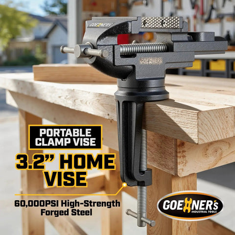 Portable Table Vise 3.2 Inch Jaw With 360 Degree Swivel Clamp On Base And Large Anvil For Woodworking Conduit Cutting Drilling Metalworking Ideal For Home Shop And Light Duty Projects Must Have Clamp On installed on workbench.