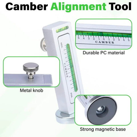 Universal Wheel Alignment Tool With Magnetic Camber Gauge showing durable PC material, metal knob, and magnetic base