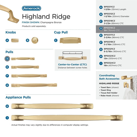 Product diagram showing Champagne Bronze Cabinet Pull Highland Ridge 3 Inch Center To Center 4 5 16 Inches Overall Length options.