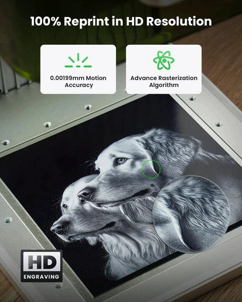 Close-up of Two In One Dual Laser Engraver With Beast Speed Portable Engraving Machine For Jewelry Metal Wood Leather, engraving a dog image on metal.