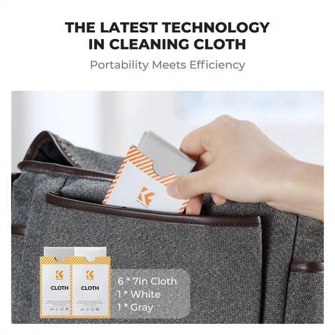 Hand placing Two Pack Microfiber Lens Cleaning Cloths For Glasses Cameras VR AR Headsets into a backpack pocket, highlighting portability.
