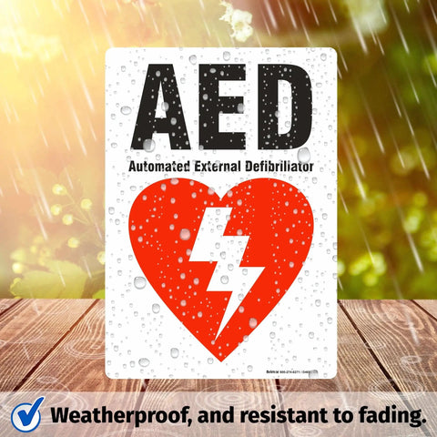 7 By 10 Inch AED Sign For Automated External Defibrillator, Durable 3.5 Mil InfiniStick Vinyl Label, high visibility, installed outdoors