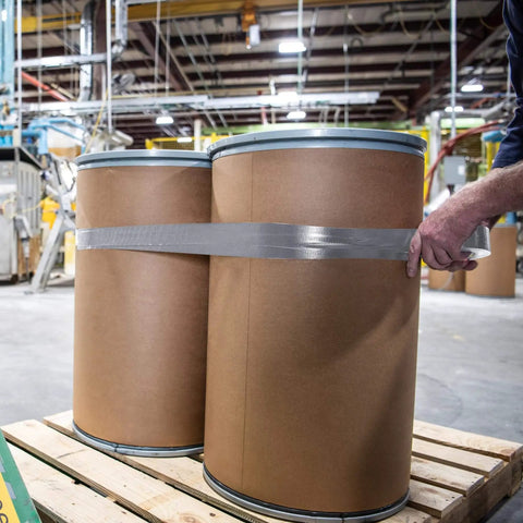 Heavy Duty Duct Tape DT11 Silver 48 mm x 54.8 m (11 mil) securing cardboard barrels on a pallet in warehouse setting