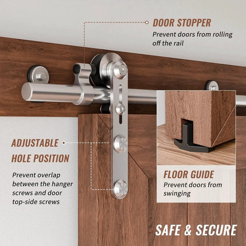 Stainless Steel Sliding Barn Door Hardware Kit 6 Foot, Smooth Quiet Operation, Easy Install shown with door stopper and guide.