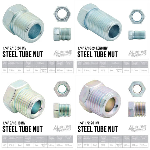 Quadruple steel tube nuts for inverted-flare brake-line fittings; Lifetime Warranty label visible.