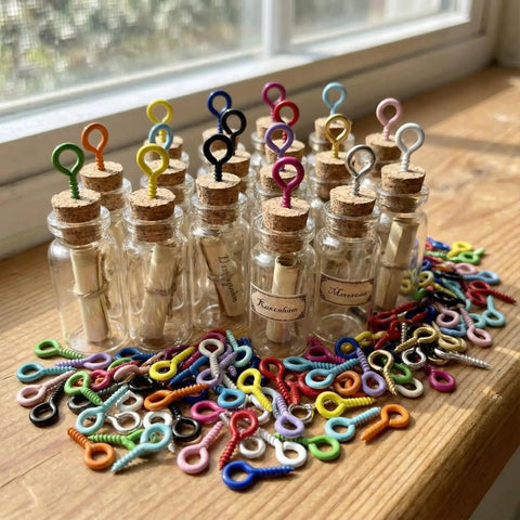 600 Piece Mixed Color Mini Screw Eye Pins For Jewelry Making And DIY Crafts on wooden surface with decorative bottles