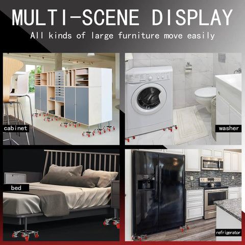 Multi-scene display of heavy duty five wheel furniture mover dolly under cabinets, washer, bed, and refrigerator for easy moving.