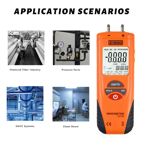 Digital manometer ZIBOO ET1013 handheld with orange housing and large backlit LCD display

Digital manometer used in chemical fiber industry production line

Digital manometer connected to pressure parts piping with gauges

Digital manometer used in HVAC systems with ductwork

Digital manometer in a clean room environment with technicians