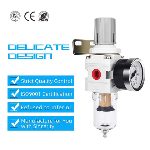 NANPU 1/4 NPT air filter regulator combo with gauge, clear poly bowl, brass element, metal bracket