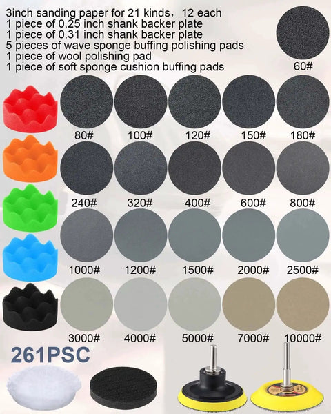 All In One 261 Piece 3 Inch Sanding Discs Kit with wet dry sandpaper sheets, grits 60 to 10000, sponge buffing pads, backer plates.