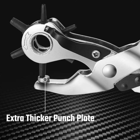 Close-up of Revolving Leather Hole Punch Tool With Extra Thicker Punch Plate highlighting metal alloy and size heads for belts and collars.