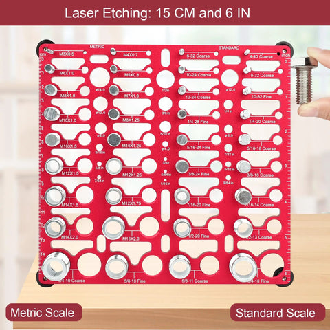 All In One Bolt Thread Checker Gauge Kit For Imperial And Metric Sizes Identifies 20 Standard Threads And 16 Metric Sizes Wall Mountable With Drill Bit Gauge Red