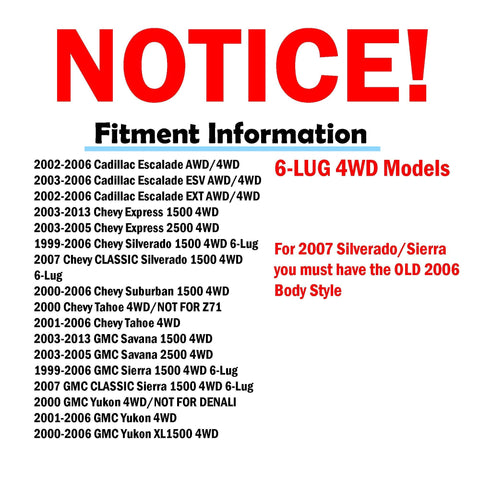 Fitment information for 4WD Front Wheel Bearing Hubs Replacement Set For Chevy GMC Silverado Sierra Avalanche Yukon XL Suburban Tahoe Escalade ESV EXT Beefed Up Hubs For AWD 4x4 Models