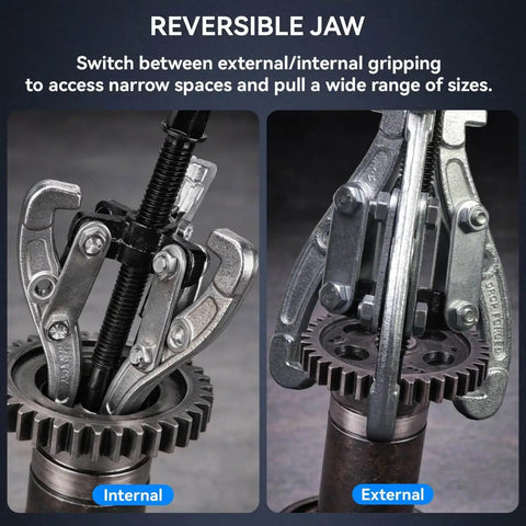 Three Piece Reversible Jaw Gear Extractor Set with 3, 4, 6 Inch sizes in internal and external gripping on gears