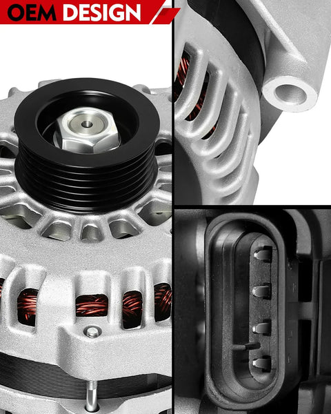 Close-up of Heavy Duty 12V 145Amp Alternator Fit For GMC Envoy Savana Sierra Yukon Tahoe Suburban Trailblazer SSR Express Silverado 1500 2500 3500 2001 2011 Models OE 6019239 Replacement showing OEM design and connector details.
