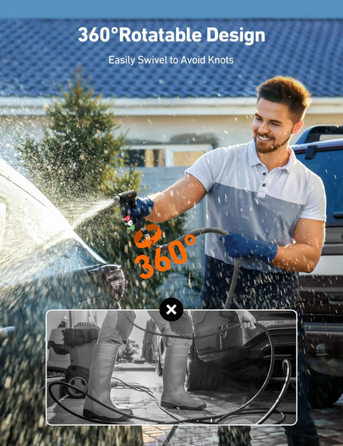 Man using Pressure Washer Quick Connect Kit With M22 14mm Swivel to wash car with 360° rotatable design