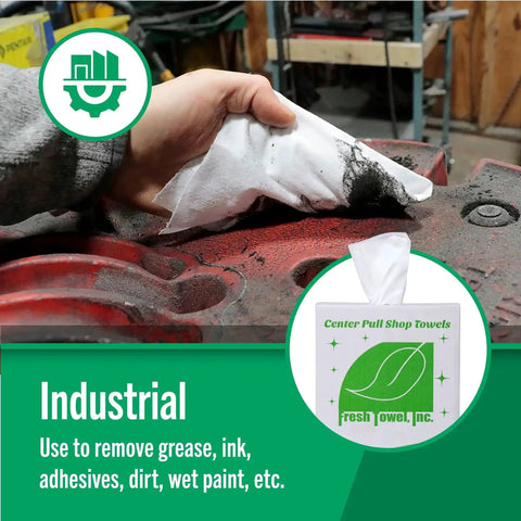 Ultra Strong Center Pull Shop Towels Pack Of 300 Disposable Cleaning Towels White 9 By 12 Inches in use on machinery