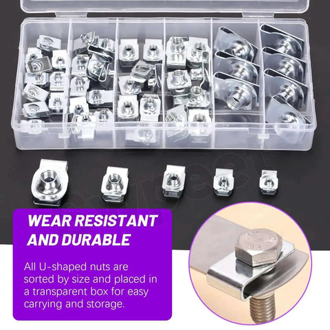 Stainless Steel Auto U Clip Kit 50Pcs 5 Sizes U Nut Assortment With Storage Box, shown with nuts in transparent case labeled sizes.