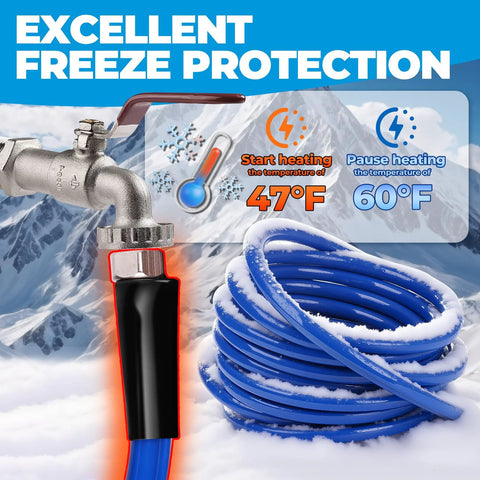 Heated RV water hose, blue, 30 ft, coiled beside outdoor faucet with heating element glow in snowy background.