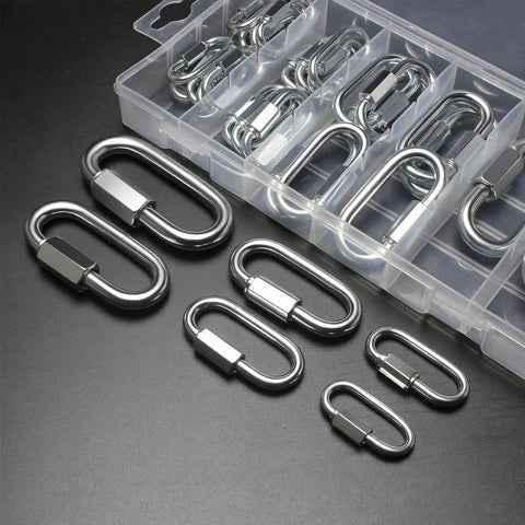 34-Piece Quick Link Kit With 6 Sizes In Carbon Steel Chain Connectors for DIY projects shown with organized case