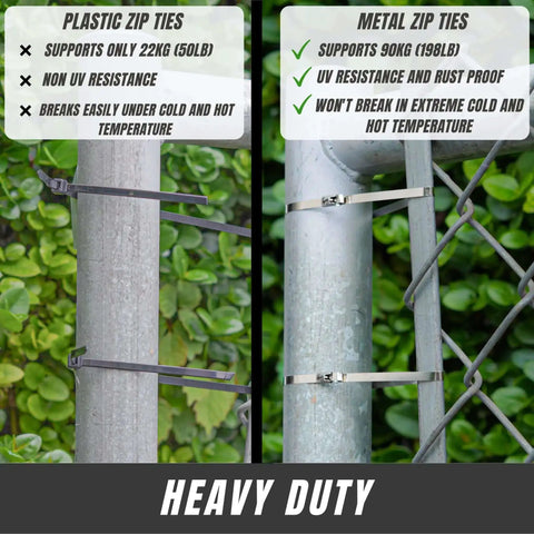 Comparison of 304 Stainless Steel Zip Ties 11.8 Inch Heavy Duty with plastic ties on fence post
