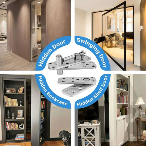 2 Piece Stainless Steel Hidden Door Hinge Pivot for Secret Room, shown with various door installations in a home.