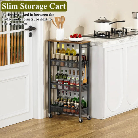 4 Tier Slim Rolling Storage Cart With Wood Top for Narrow Spaces, shown between kitchen counter and door, holding bottles
