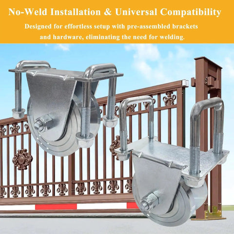 2 Pack 4 Inch Heavy Duty V Groove Sliding Gate Roller Wheels With No Weld Installation And External Brackets 6600 Pound Capacity For Inverted Gate Systems Zinc Plated Anti Rust Finish displayed against a sliding gate background