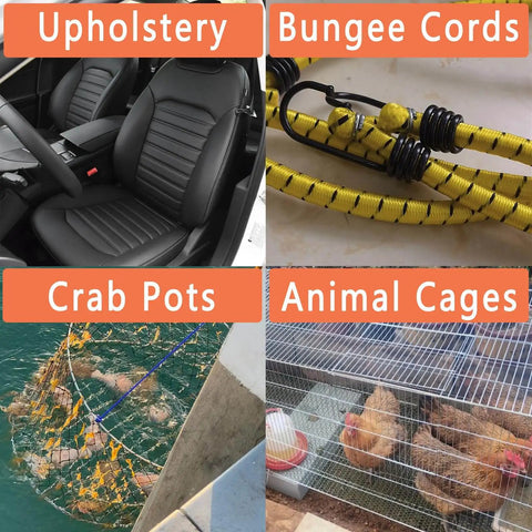 Straight Hog Ring Pliers Kit With 600 Galvanized Rings 150 Per Size 3/8 1/2 3/4 1 Inch Heavy Duty All In One Upholstery Fencing Pet Cages And DIY Binding Set Rust Resistant Steel Pro Grade shown beside uses in upholstery, bungee cords, crab pots, and animal cages.