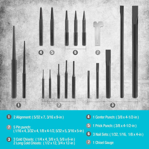18 Piece Punch And Chisel Set For Woodworking And Metalworking Pro Grade Tools For DIYers with labeled tools on display.