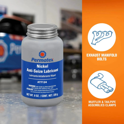 Nickel Anti Seize Lubricant For Extreme High Temperature Metal Assemblies Up To 2400 F Protecting Stainless Steel Titanium And Nickel Alloys Under Extreme Pressure While Avoiding Copper Contamination Permatex 77124 8 Oz bottle with automotive graphics in background.