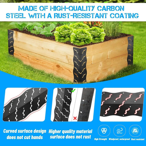 Set Of Eight Heavy Duty Raised Bed Corner Brackets With Wood Screws Rust Resistant Metal Connectors For 20 To 24 Inch Beds Easy Install Edging For Vegetable Planter Garden Matte Black Finish displayed on a garden planter with lettuce