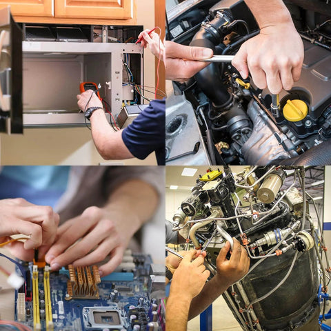Collage showing various uses for 50Pcs M5 X 4mm Cup Point Socket Set Screws in machinery, furniture, and electronics.
