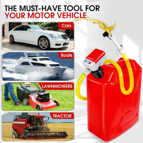 Gas Transfer Pump With Auto Stop Sensor and 30 Second Beep on red fuel can, showing nozzle and yellow hose, for cars, boats, mowers, tractors