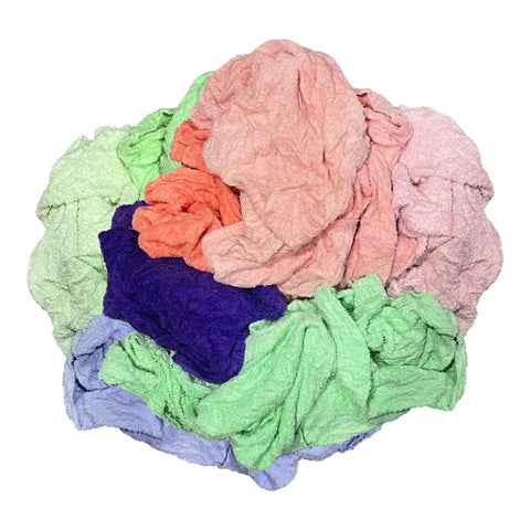 Pile of colorful Heavy Duty Recycled Color Terry Cloth Cleaning Rags For Garage And Shop, Extra Absorbent Cotton Towels