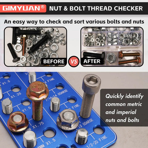 Thread Size Checker For Nuts And Bolts Nut And Bolt Thread Gauge For Measuring Threads Precise Thread Checker Tool With Red And Blue Color Indicator Easy Size Verification showing before and after sorting of nuts and bolts.