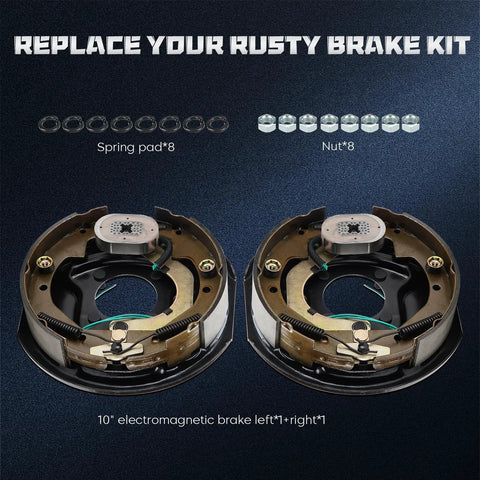 Front view: pair of 10in x 2-1/4in trailer electric brake assemblies, left and right, 4-hole mounting