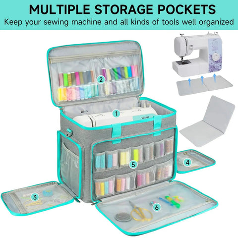 Open view of Rolling Sewing Machine Case with wheels, displaying storage for spools and accessories, compatible with Singer Brother.