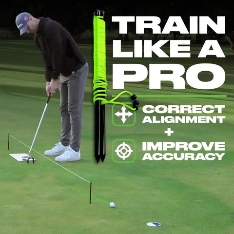 Man using Pro Grade Triple Bead Golf Putting Alignment String Line Neon Green Visual Guide on outdoor green for practice.