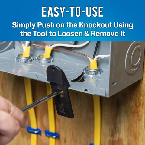Hand using Panel Buddy Knockout Set for front and rear knockouts easy removal from electrical panels embedded in drywall