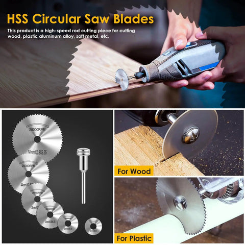 44 Piece Rotary Tool Cutting Wheel Set For Plastic And Metal DIY Projects with HSS Circular Saw Blades in use.