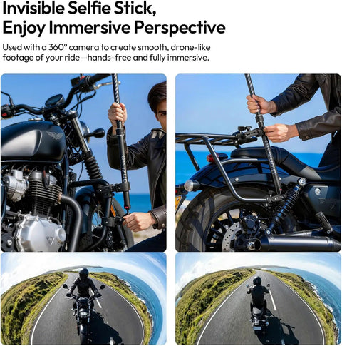 Invisible Quick Release Selfie Stick Motorcycle Mount Kit With 40 Inch Adjustable Extension Pole And Dual Head Clamp in use.