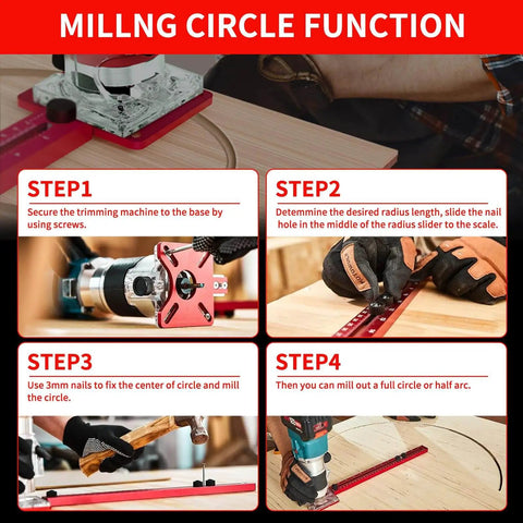 Instructional image showing steps on using the 4 In 1 Router Milling Groove Bracket Pro Grade Aluminum Alloy Circle Cutting Jig for woodworking.