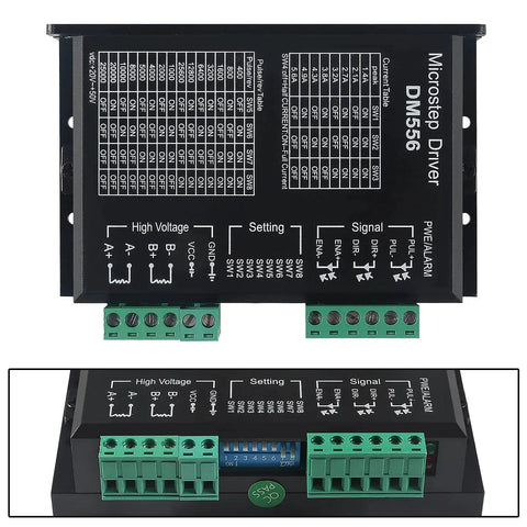 Top view of 2 Pack CNC Digital Stepper Driver DM556 Stepper Motor Controller 2 Phase Microstep Driver with connection ports visible