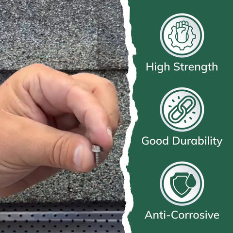 Hand holding Gutter Screw Kit Half Inch 8 Stainless Steel Zip Screws with Self Piercing Xtra Sharp Tip and Quarter Inch Hex Washer Head
