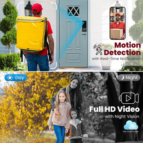 Next Level Smart Lock With Camera And Doorbell, 6 In 1 Keyless Entry For Front Door Featuring Fingerprint, Auto Lock, App Remote, showing motion detection and night vision capabilities.