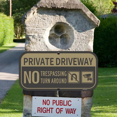 Private Driveway No Parking No Turn Around Sign Aluminum Reflective Weatherproof Outdoor 12x6 Inches Two Pack UV Protected Black And Gold Driveway Warning For Private Property installed on stone wall