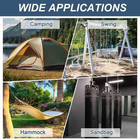Image showing wide applications of Stainless Steel M5 Lifting Shoulder Eye Bolts Set 4 Pack used for camping tent, swing set, hammock, and sandbag suspension.