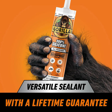 Gorilla 100% Silicone all purpose waterproof sealant tube held in large furry hand, focus keyword: All Purpose Silicone Sealant Waterproof Indoor Outdoor 30 Minute Cure White 10Oz