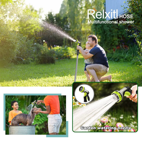 50ft yellow stainless steel garden hose with 10-function nozzle; outdoor watering scene with man and child.